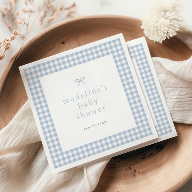 Serviette En Papier Gingham Simple Nœud Dusty Blue Garçons Baby Shower (Dusty blue bow gingham boys baby shower napkins.)