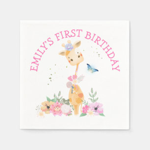 Serviette En Papier Girafe Cute Fleurs roses Filles 1er anniversaire