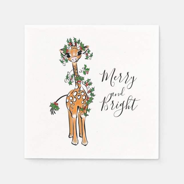 Serviette En Papier girafe de Noël festive, guirlande verte rouge (Devant)