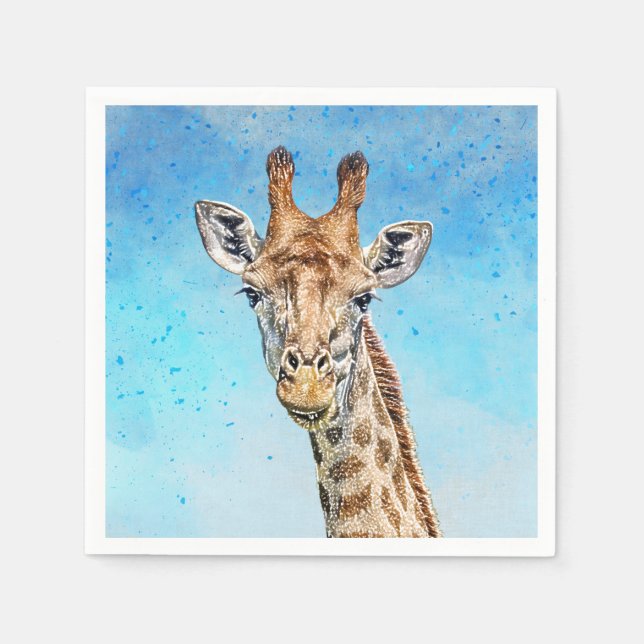 Serviette En Papier Giraffe curieuse avec Ciel de Confetti Bleu (Devant)