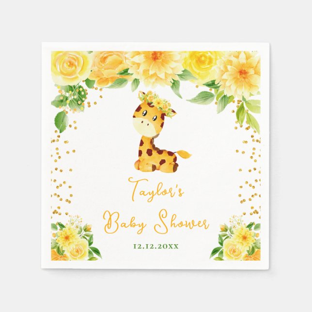 Serviette En Papier Giraffe Jaune Baby shower Floral (Devant)