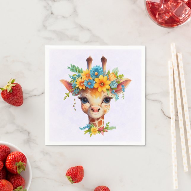 Serviette En Papier Giraffe mignonne à couronne florale (En situation)
