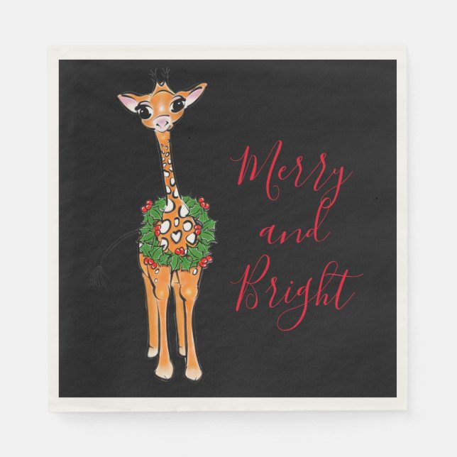 Serviette En Papier Giraffes de Noël, couronne verte rouge Holly (Devant)