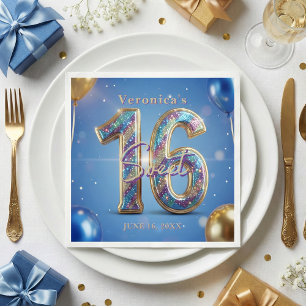 Serviette En Papier Glam Blue Gold Pailletés Ballon Anniversaire 16 An