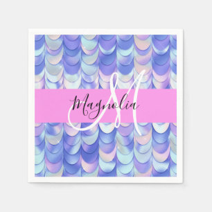 Serviette En Papier Glam Iridescent Écailles de Sirène Monogramme Bleu