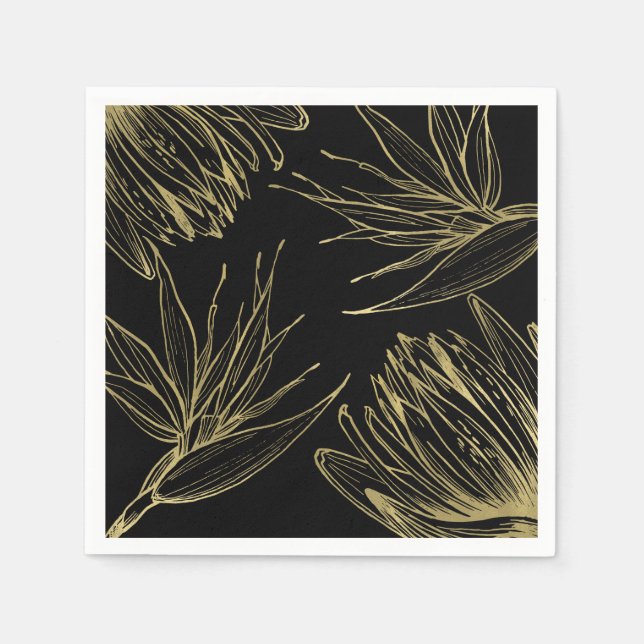 Serviette En Papier Glam moderne Or & Noir Tropical Botanique Floral (Devant)