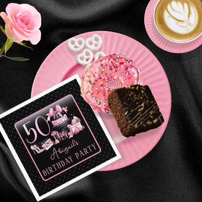 Serviette En Papier Glam Pink Black Fashion 50e fête d'anniversaire (Glam Pink and Black French Couture Fashion 50th Birthday Party Paper Napkins)