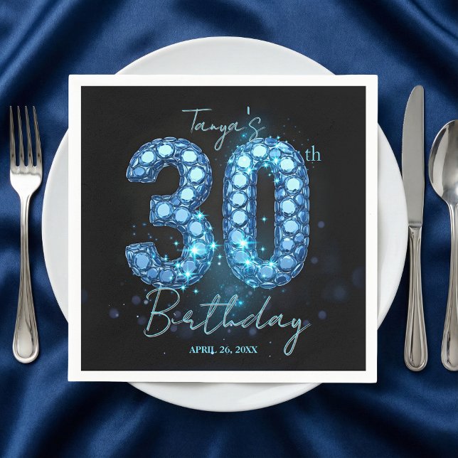 Serviette En Papier Glamorous Blue & Black Sparkle Jewel 30th Birthday (Créateur téléchargé)