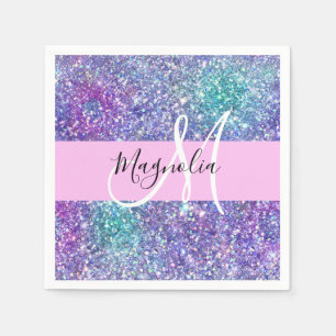 Serviette En Papier Glamour Violet, Bleu & Vert Paillettes Monogramme