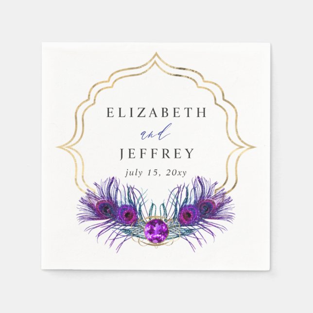 Serviette En Papier Glitter Gold Blue Purple Peacock Plume Wedding (Devant)