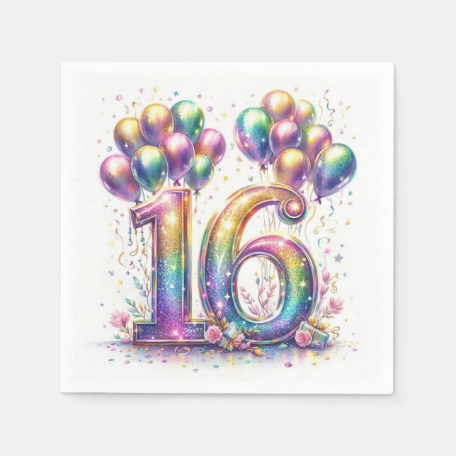 Serviette En Papier Glitterie Numéro 16 avec Ballons et Confetti (Devant)