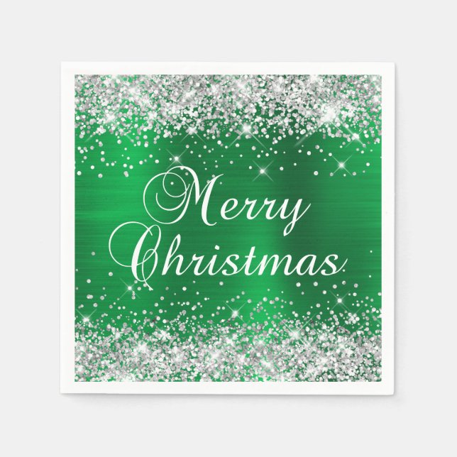 Serviette En Papier Glittery Silver and Green Joyeux Noël (Devant)