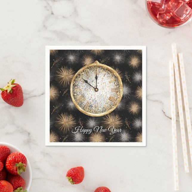 Serviette En Papier Glitzy Gold Silver Fireworks New Year's Clock (En situation)