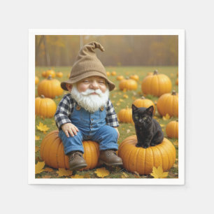 Serviette En Papier Gnome Farmer et Black Kitten en Citrouille