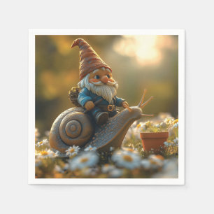 Serviette En Papier Gnome Whimsical sur Snail Ride Magical Garden Scèn