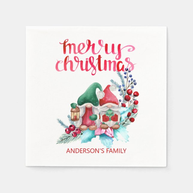 Serviette En Papier Gnomes avec Casquettes rouges et verts (Devant)