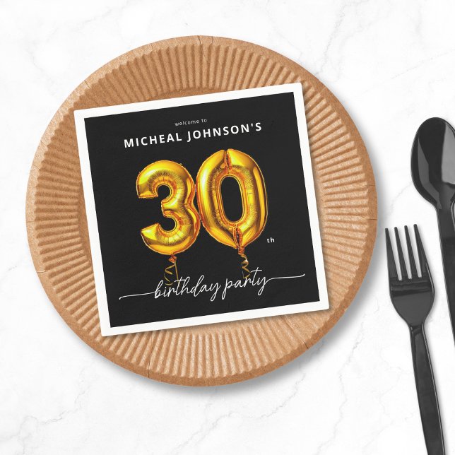 Serviette En Papier Gold Balloon Black 30th Birthday Party (Gold Balloon Black 30th Birthday Party Napkins)