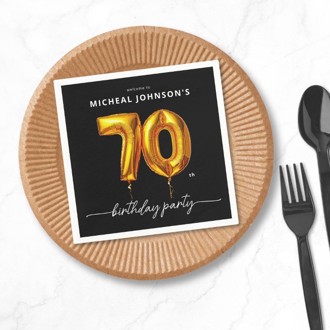 Serviette En Papier Gold Balloon Black 70e fête d'anniversaire (Gold Balloon Black 70th Birthday Party Napkins)