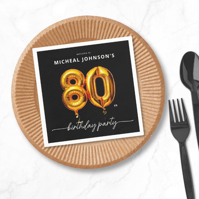 Serviette En Papier Gold Balloon Black 80e fête d'anniversaire (Gold Balloon Black 80th Birthday Party Napkins)