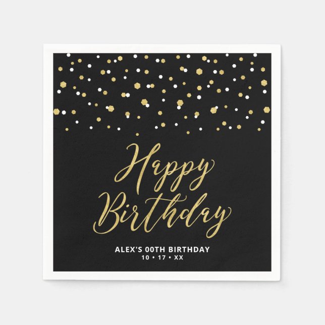 Serviette En Papier Gold Black Hexagon Confetti Personnalisé Joyeux an (Devant)
