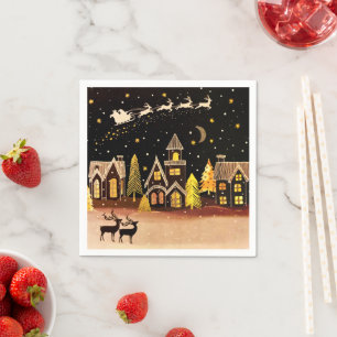 Serviette En Papier Gold Christmas Village Deer Winter Night