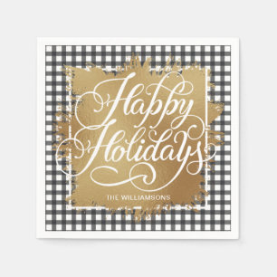 Serviette En Papier Gold Faux Foil Happy Holidays Black Check