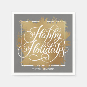 Serviette En Papier Gold Faux Foil Happy Holidays Pewter Grey