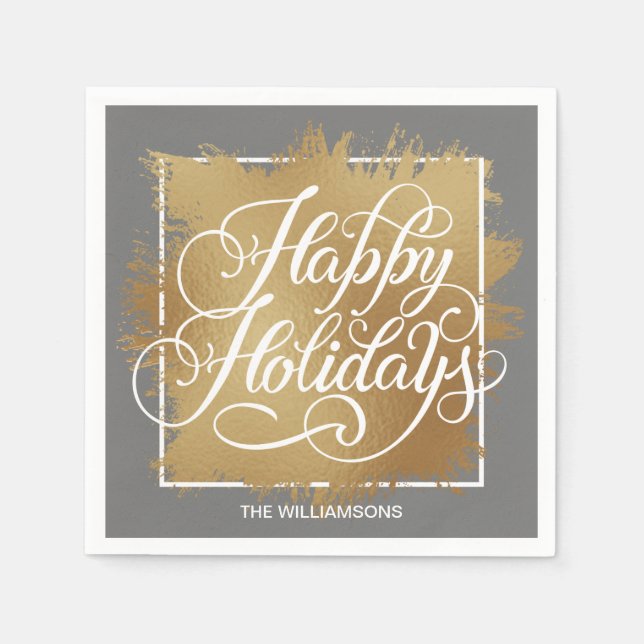 Serviette En Papier Gold Faux Foil Happy Holidays Pewter Grey (Devant)