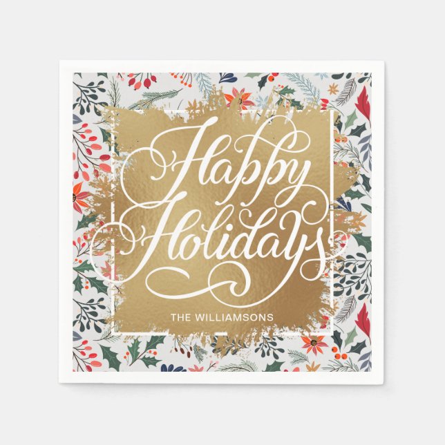 Serviette En Papier Gold Faux Foil Joyeuses Fleurs d'hiver (Devant)