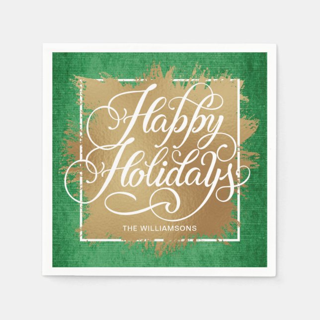 Serviette En Papier Gold Faux Foil Joyeux Vacances Motif vert (Devant)