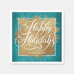 Serviette En Papier Gold Faux Foil Joyeux Vacances Turquoise Motif