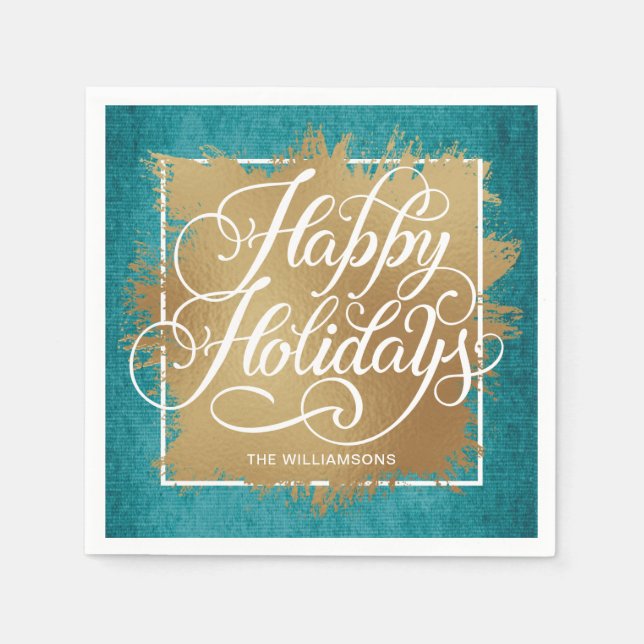 Serviette En Papier Gold Faux Foil Joyeux Vacances Turquoise Motif (Devant)