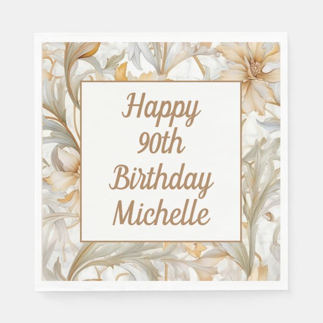 Serviette En Papier Gold Floral Joyeux 90e anniversaire (Devant)
