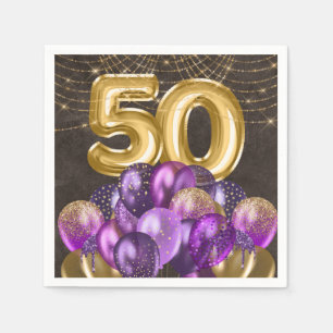 Serviette En Papier Gold Foil Purple Balloons Cinquante-50e anniversai