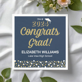 Serviette En Papier Gold Foil Script Confetti Congrats Grad Blue