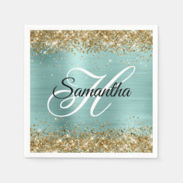 Serviette En Papier Gold Glitter Pale Turquoise Foil Monogram