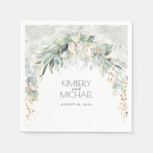 Serviette En Papier Gold Green et Eucalyptus Feuille Mariage