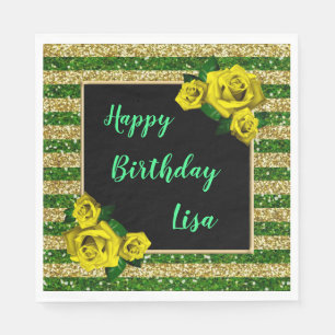 Serviette En Papier Gold Green Parties scintillant rayures Roses Jaune