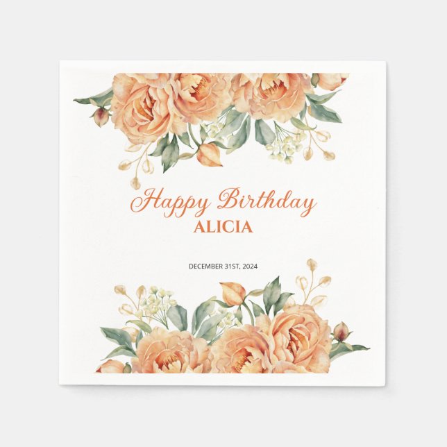 Serviette En Papier Gold Leaf Orange Peony Rustic Floral Anniversaire (Devant)