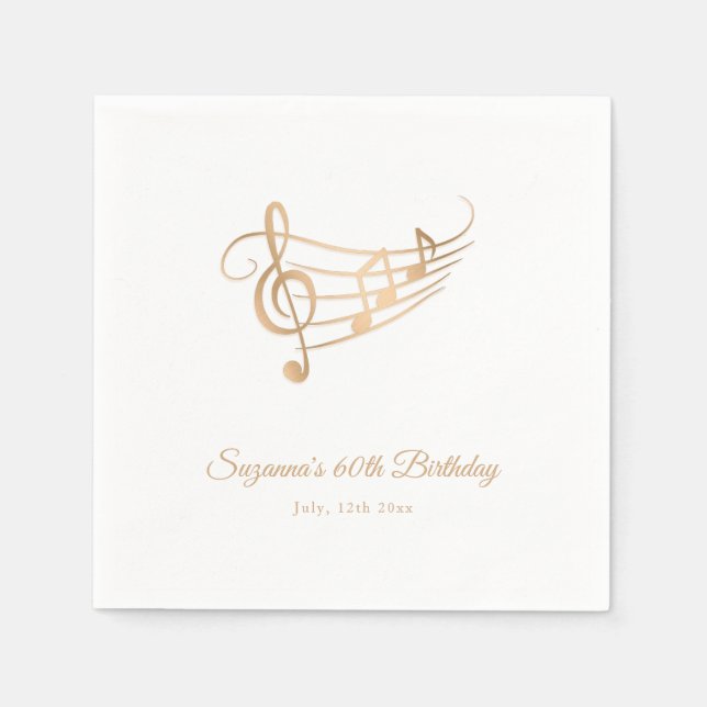Serviette En Papier Gold Music Notes Élégant Script Anniversaire (Devant)