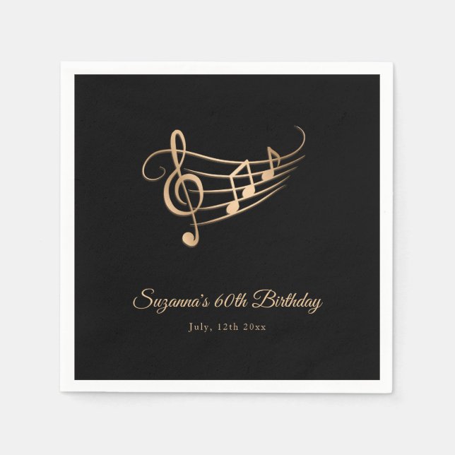 Serviette En Papier Gold Music Notes Élégant Script Anniversaire (Devant)