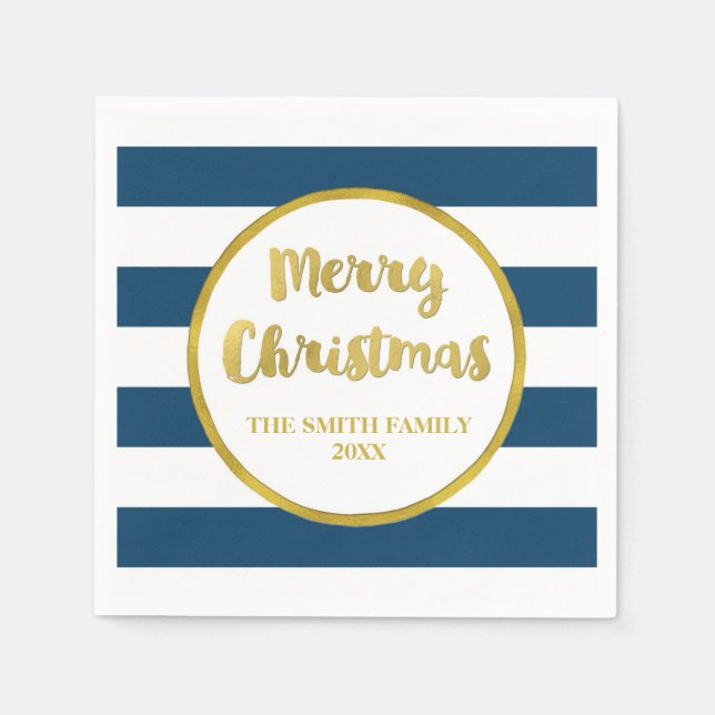 Serviette En Papier Gold Navy Blue Stripes Joyeux Noël Napkin (Devant)