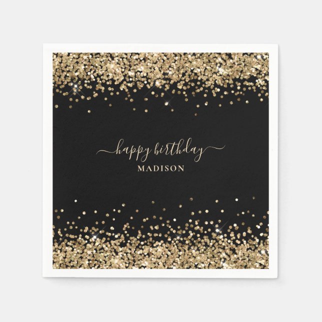 Serviette En Papier Gold Parties scintillant Nom Black Happy Birthday (Devant)