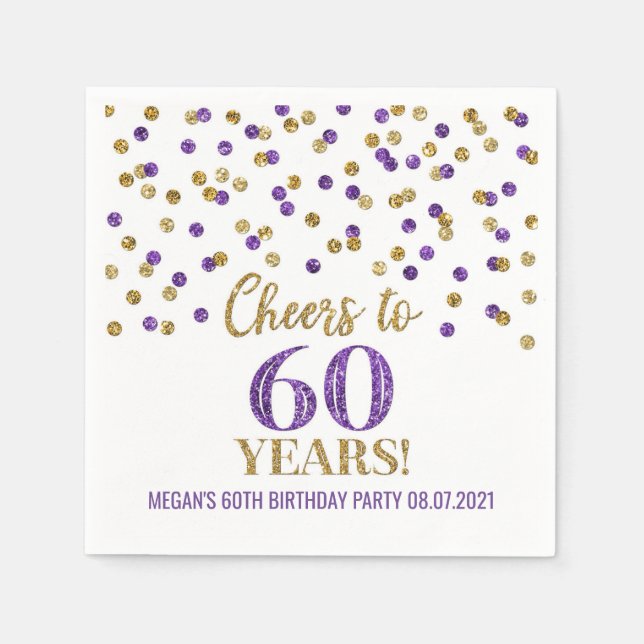 Serviette En Papier Gold Purple Confetti encourage à 60 ans Anniversai (Devant)