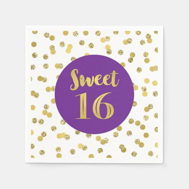 Serviette En Papier Gold Purple Confetti Sweet 16 Anniversaire (Devant)