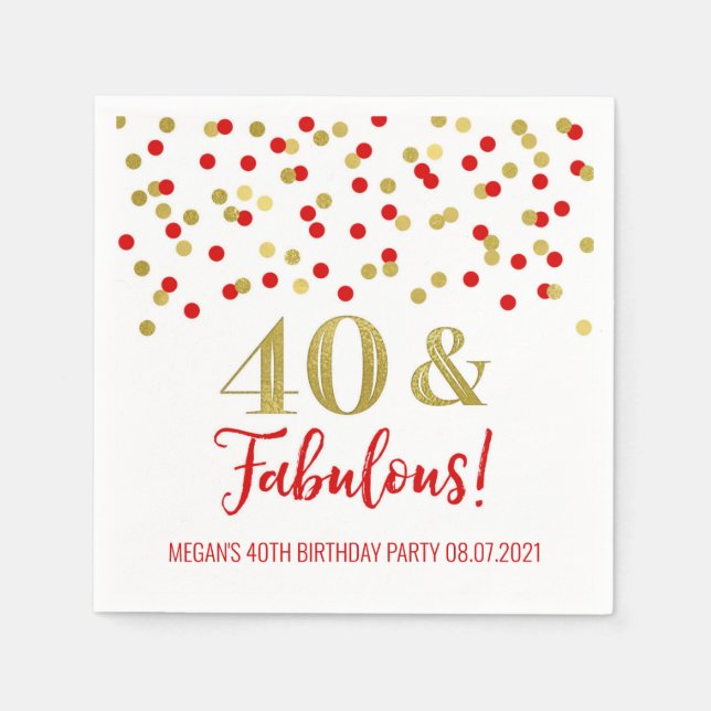 Serviette En Papier Gold Red Confetti 40 & Fabuleux anniversaire (Devant)