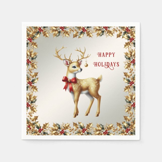 Serviette En Papier Gold Reindeer Holiday Napkin (Devant)