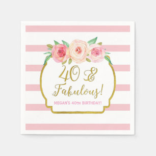 Serviette En Papier Gold Rose Stripes Fleurs 40 & Fabuleux Anniversair