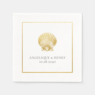 Serviette En Papier Gold Seashell Personnalisé Noms Plage Mariage