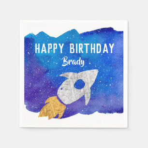 Serviette En Papier Gold Silver Rocket Ship Galaxy fête d'anniversaire